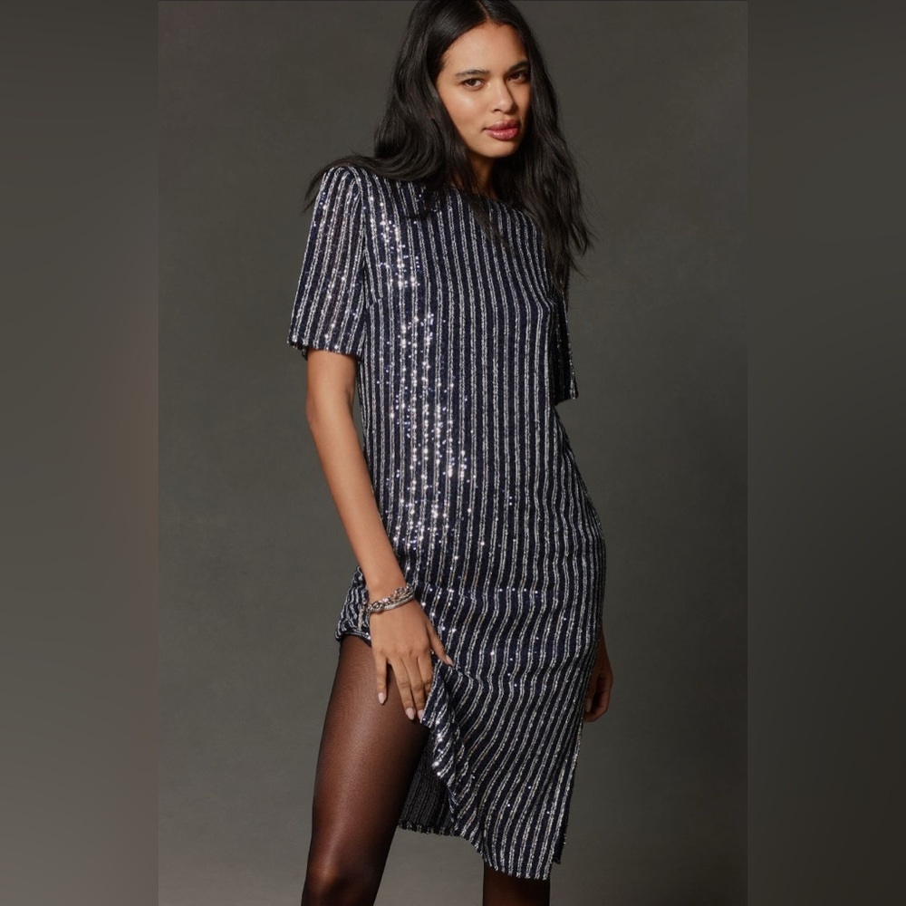 NWT Anthropoligie Navy and Silver Sequin Vertical Striped Dress